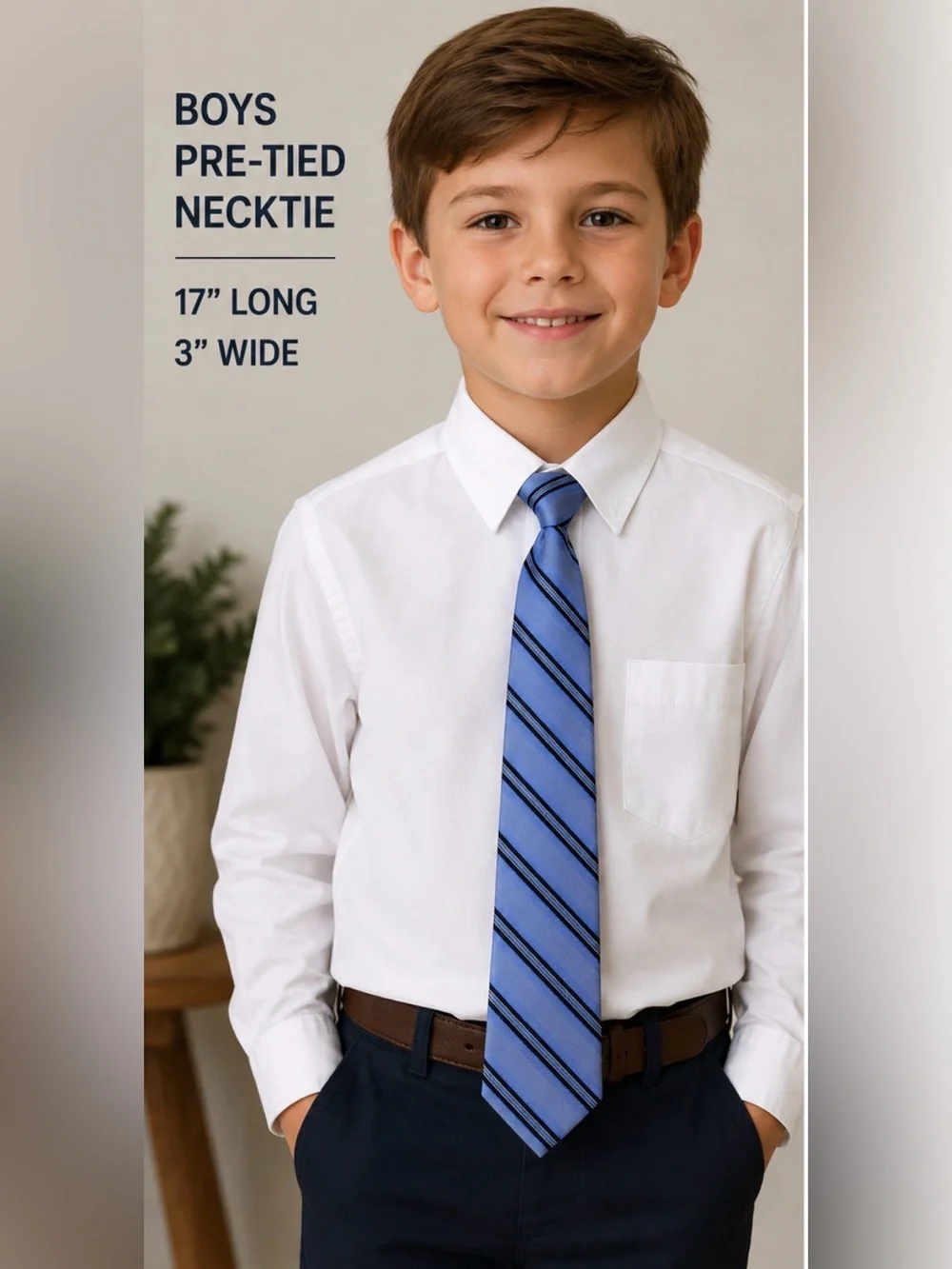 Boys Blue & Black Striped Pre-Tied Necktie 17” Adjustable Dress Tie